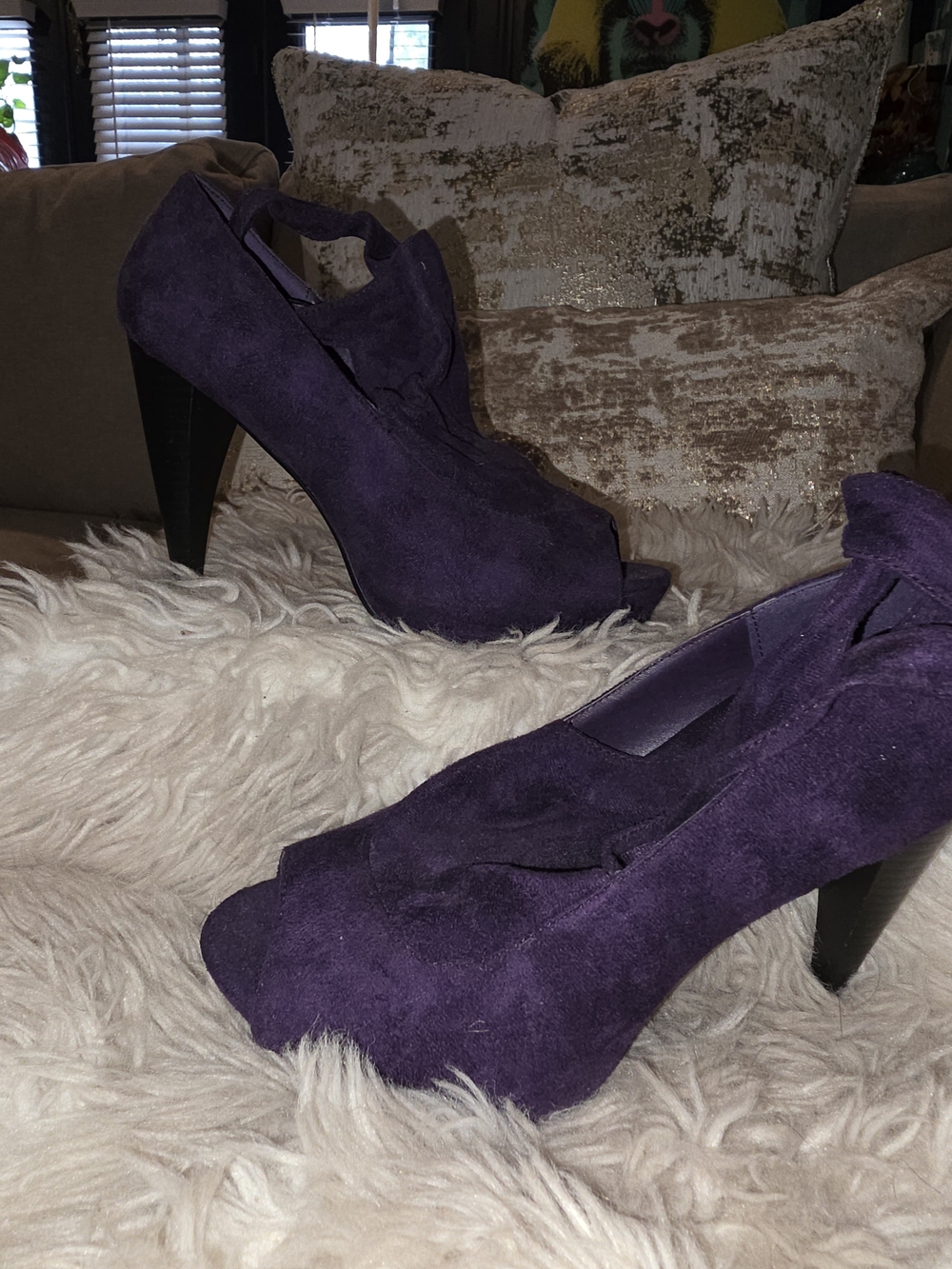 8.5w. Herstyle suede peep toe heels with ankle tie details In Purple.
